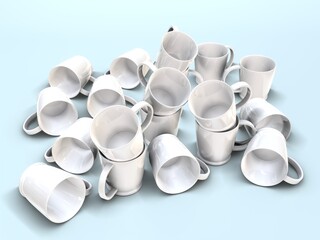 3D RENDER ILLUSTRATION. Drink empty coffee cup. Many water mug set on background.