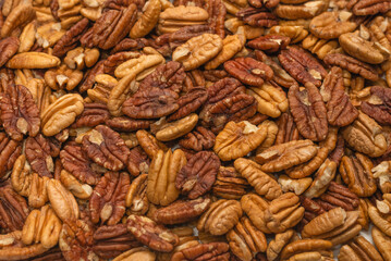 Tasty pecan-nut background. Top view.