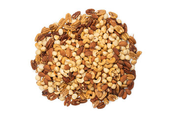 Mix of nuts isolated on white background. Top view.