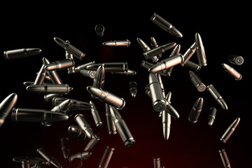 3d render illustration of metal bullets flying on dark background. - obrazy, fototapety, plakaty