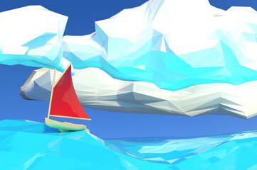 Low poly 3d render illustration of boat with red canvas sailing in ocean.