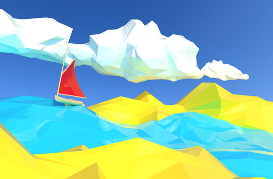 Low poly 3d render illustration of boat with red canvas sailing in ocean with yellow islands.