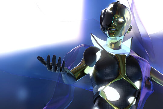 3d render illustration of female robot humanoid goddess creature in suit and helmet.
