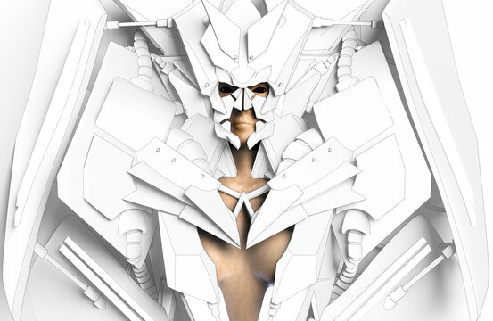 3d render illustration of female robot humanoid goddess creature in white futuristic lowpoly suit and helmet.