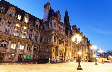 City Hall in Paris at night - building housing City of Paris administration. France