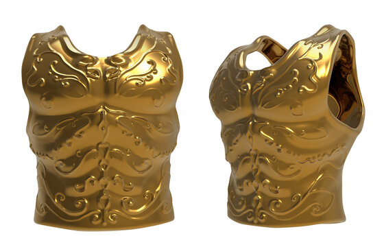 Isolated 3d render illustration of golden engraved ancient armor chest armor on white background.