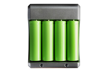 Isolated photo of green colored lithium accumulator batteries in charger on white background.