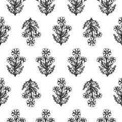 Seamless pattern from wildflowers. Monochrome black and white doodles, for wrapping paper. Hand drawn by pen on a white background.