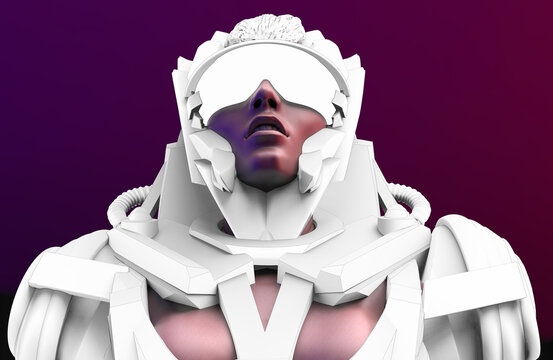 3d render illustration of sci-fi warrior woman in futuristic robot armored suit and glasses on dark blue and purple background.