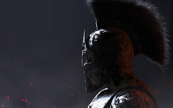 3d render illustration of stone spartan warrior in helmet statue on dark background.