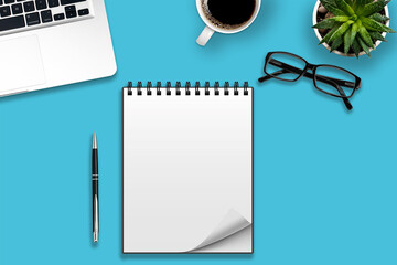 Office desk notebook pen with accessories and coffee cups Top view with copy space.