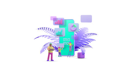Fototapeta premium Mobile Phone Smartphone Web UI UX app Design Teamwork concept 3D illustration. Team People Building Creating Application User interface Front view