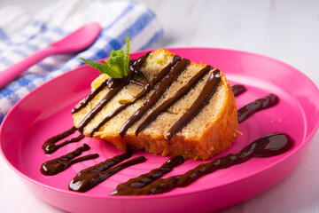 Coffee cake traditional spanish recipe with chocolate on the top.