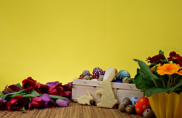 tulips, primroses, painted eggs, bunnyshaped cookies on yellow background