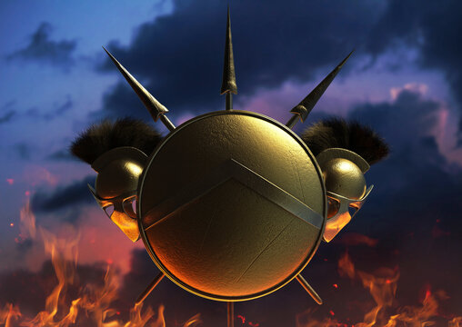 3d render illustration of spartan armored helmet, shield and spears on evening skies background.