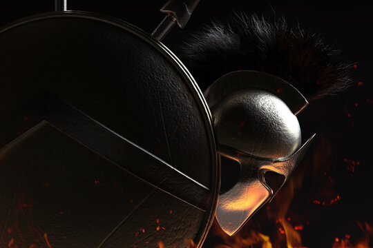 3d render illustration of spartan armored helmet and shield shaded on dark burning background.