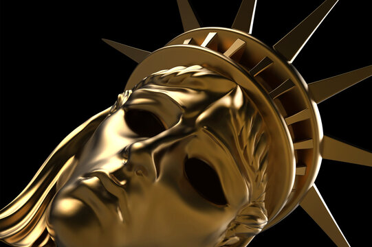 Close-up 3d render illustration of Statue Of Liberty golden carnival mask on black background.
