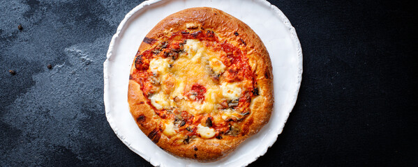 pizza fast food cheese, tomato sauce, tomato and other ingredients flatbread on thick dough on the table meal snack top view copy space food background rustic