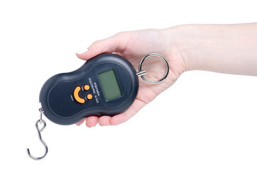 Portable electronic household scales in hand on white background isolation