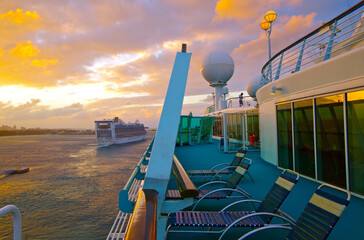 Pooldeck or swimmingpool with outdoor sun deck on modern classic cruiseship or cruise ship liner...