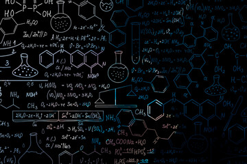 Hand drawn science formulas on chalkboard for background