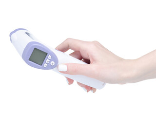 electric infrared non-contact thermometer in hand on white background isolation © Kabardins photo