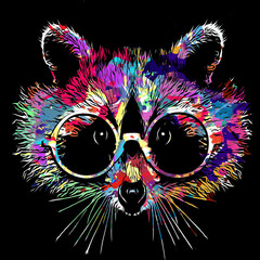 black and white art  raccoon with glasses © reznik_val