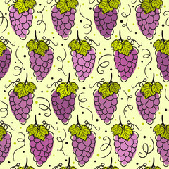 Seamless pattern of hand drawn grape leaves, vine and bunches. Coloring contour graphics. Vector illustration for winery, restaurant, bar.