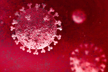 Image of Flu COVID-19 virus cell under the microscope on the blood.Coronavirus Covid-19 influenza banner background