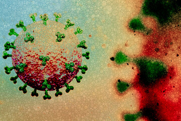 Image of Flu COVID-19 virus cell under the microscope on the blood.Coronavirus Covid-19 influenza banner background
