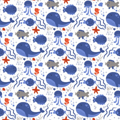 Sea animals hand drawn seamless pattern. Marine life. Ocean wildlife.