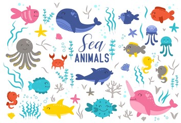 Sea animals hand drawn. Marine life. Ocean wildlife.