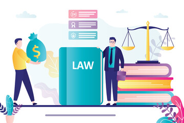 Lawyer helps people. Male client with payment. Male notary provides legal services. Concept of law, justice and authority. Court process.