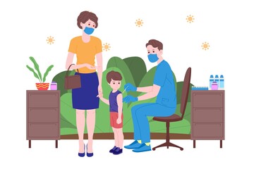 Vaccination concept for immunity health. Vaccine anti Covid-19. Doctors makes an injection of antivirus vaccine to kids and inviting next. Child healthcare, coronavirus, prevention and immunize.