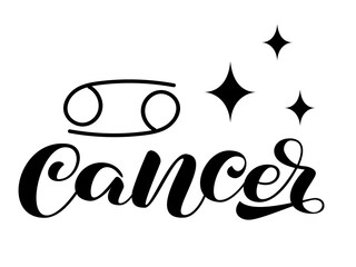 Cancer zodiac brush lettering with sign and star. Vector stock illustration for banner or clothes.