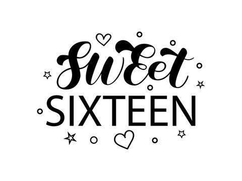 Sweet Sixteen brush lettering. 16x birthday girl. Phrase for shirt. Vector stock illustration for cloth