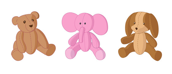 Vector set of kids toys. There's a bear, a pink elephant and a dog.