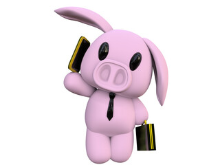 3D RENDER ILLUSTRATION. Cute pink pig cartoon character. Clipping path on isolated white background.