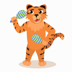 vector illustration for a children's holiday of a tiger in cartoon style with maracas in his hands. 