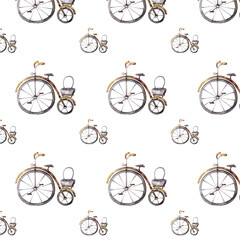 Seamless pattern with cute retro bikes. Hand drawn watercolor illustration