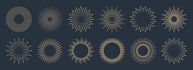 Vintage sunburst collection. Bursting golden sun rays. Fireworks. Logotype or lettering design element. Radial sunset beams. Vector illustration.