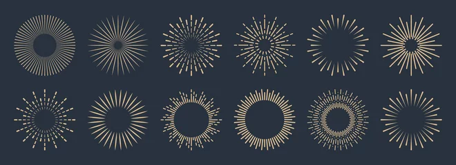 Fotobehang Vintage sunburst collection. Bursting golden sun rays. Fireworks. Logotype or lettering design element. Radial sunset beams. Vector illustration. © 32 pixels
