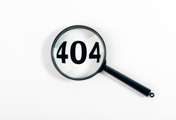 404 error inscription. Magnifier on white background
