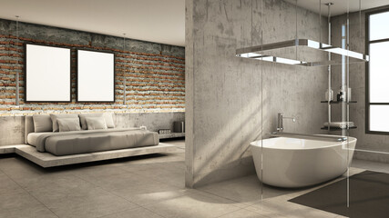 Bathroom interior design minimal loft,Concrete wall,Concrete floor - 3D render