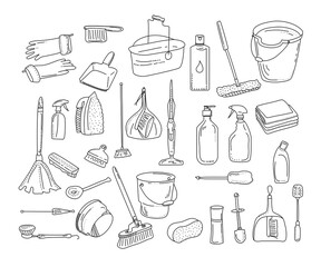 Cleaning tools collection.Washing equipment for floor,windows and dust removing.Vector doodle style set for purifying on white background.Bucket, brushes, detergent and soap. Line art items.
