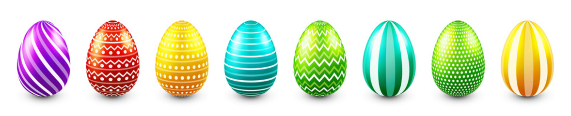 Colorful Easter eggs isolated on white background. Seasonal spring decoration element. Egg hunt game. Vector illustration.