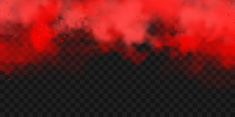 Realistic red colorful smoke clouds, mist effect. Fog isolated on transparent background. Vapor in air, steam flow. Vector illustration.