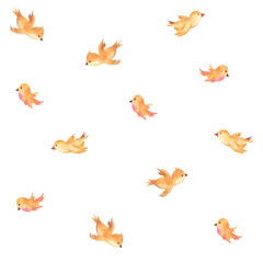 Watercolor seamless pattern on the white background. Hand drawn flying little birds.