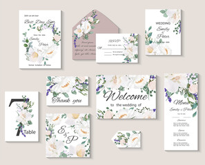 Fototapeta na wymiar Wedding invitation with flowers and leaves, watercolor, isolated on white. Vector Watercolor.