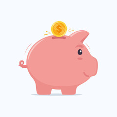 Piggy bank with coin. Money saving, economy, investment, banking or business services concept. Profit, income, earnings, budget, fund. Vector illustration.
